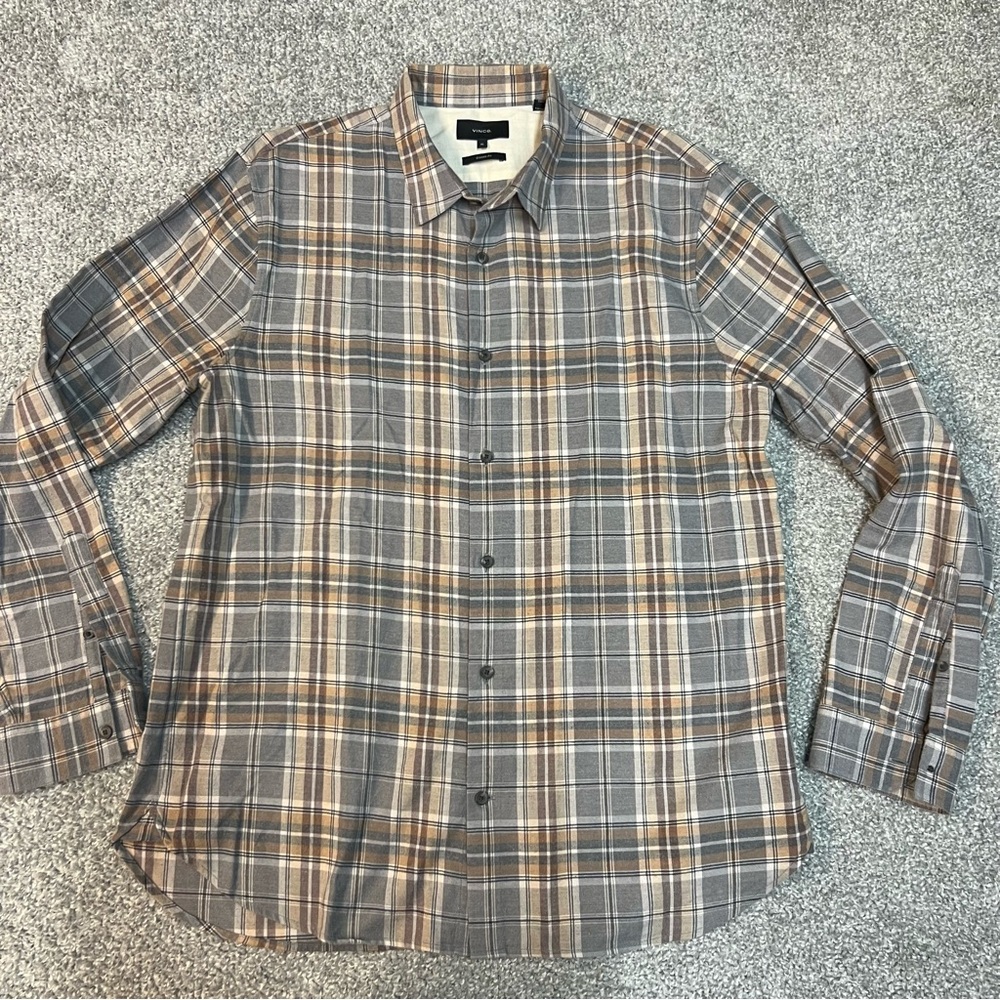 Vince Shirt Mens XL Gray Tan Trail Prince Plaid Flannel Button Down Cotton